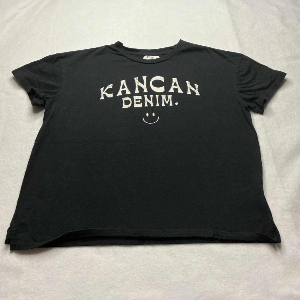 Kancan Denim Graphic T-Shirt Black Smiley Face Distressed Logo KC2544BK Small